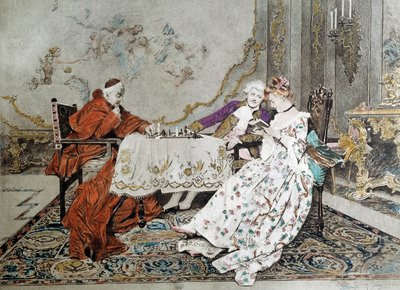 Den doble delen En kardinal kjemper i et sjakkspill mot en ung mann og engasjerer seg i et forførelsesspill med en ung kvinne i nærheten av seg. Illustrasjon av 1800-tallet. Paris, dekorativ kunst av Unknown artist