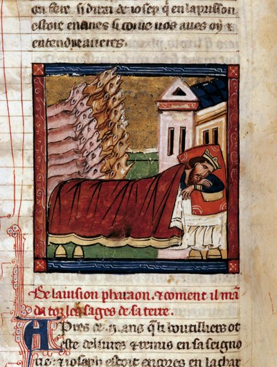 Drømmen til faraos konge av Egypt: synet om de syv magre kyrne og de syv fete kyrne, tilsvarende syv år med mat og syv år med overflod. Miniatyr fra manuskriptet "" Universal History""" ca. 1200-tallet. Kommunal lib av Unknown artist