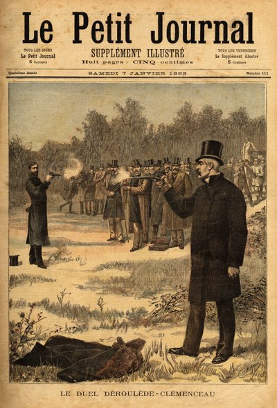 Duellen med pistolen (forbudt i Frankrike siden 1626) mellom deputerte Paul Deroulede (1846-1914) og Georges Clemenceau (1841-1929), ingen skade. Gravering i "" Le petit journal"" 7/01/1893. Selvas samling. av Unknown artist