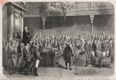 Hertugen av Wellington (Arthur Wellesley (1769-1852) (hertug av Wellington) står ved baren i Underhuset for å motta gratulasjonene fra speakeren med seieren i Vimeiro, halvøykrigen av Unknown artist