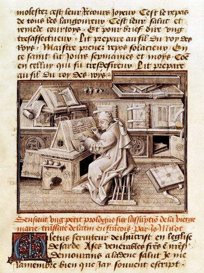 Den kirkelige, kopisten og oversetteren Jean Mielot (død 1472) representerer arbeidet på hans kontor, Side av et manuskript fra 1400-tallet. Paris, BN av Unknown artist