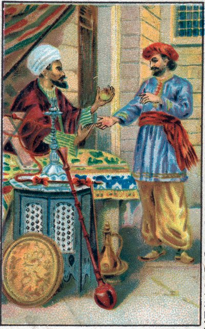 Det fortryllede eplet. Historien om prins Ahmed og avgiften Paris-Banou (Pari Banou) (Paribanu). Fortelling om 1001 netter (fortellinger om tusen og én natt). Kromolitografi fra slutten av 1800-tallet. av Unknown artist