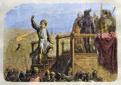 Henrettelsen av Conradin (eller Conrad av Hohenstaufen) konge av Sicilia og hertug av Schwaben (1252-1268) etter ordre fra Karl av Anjou etter slaget ved Tagliacozzo i 1268” (henrettelse av Conradin (eller Conrad den yngre), siste Staufer-konge av Sicilia, av Unknown artist
