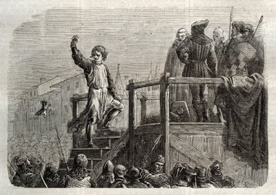 Henrettelsen av Conradin (eller Conrad av Hohenstaufen) konge av Sicilia og hertug av Schwaben (1252-1268) etter ordre fra Karl av Anjou etter slaget ved Tagliacozzo i 1268» (henrettelse av Conradin (eller Conrad den yngre), siste Staufer-konge av Sicilia, av Unknown artist