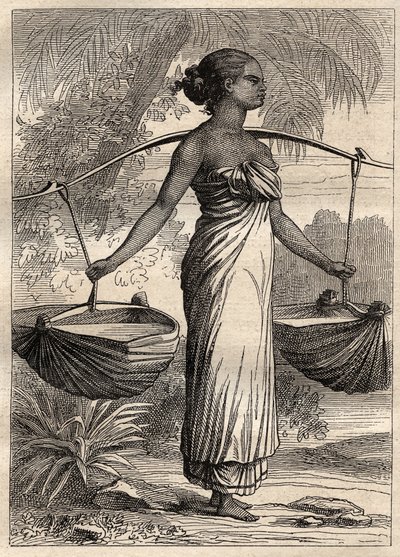 Ekspedisjonen rundt om i verden (1790-1792) av kaptein Etienne Marchand (1755-1793): vannbærer i Timor (Øst-Timor, Indonesia) -illustrasjon hentet fra "The Great Mariners of the 18th century"" av Unknown artist