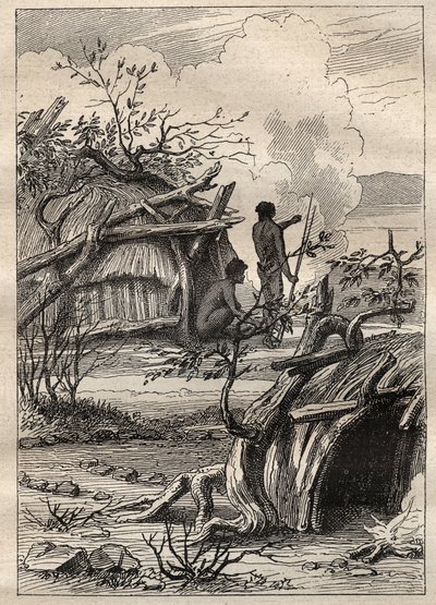 Ekspedisjonen rundt om i verden (1790-1792) av kaptein Etienne Marchand (1755-1793): urbefolkningshytter i landet Enddacht (Australia) - illustrasjon hentet fra "The Great Mariners of the 18th century"" av Unknown artist