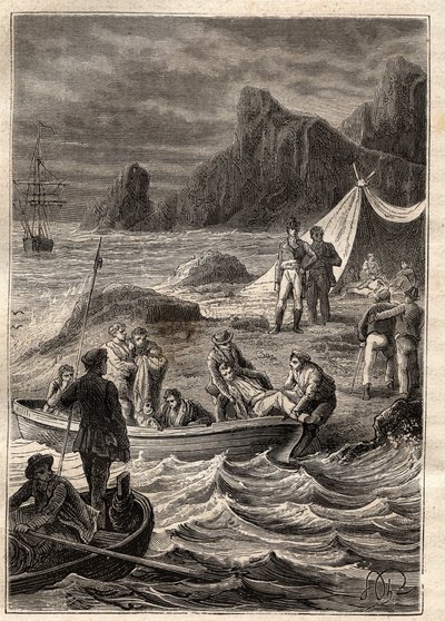 Ekspedisjonen til de sørlige landene (1800-1803) av Nicolas Baudin (1754-1803): de syke av skjørbuk ble fraktet i land i Bay of Adventure (Tasmania, Australia) - illustrasjon hentet fra "The Great Mariners of the 18th century" ” av Unknown artist