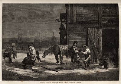 Den ferrant marechal, i forstaden til Moskva. Tegning av Henriet, for å illustrere hans reise til de russiske baltiske provinsene i 1851-54. Gravering i "" Le tour du monde"", redigert av Edouard Charton av Unknown artist