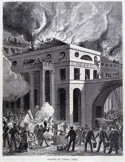 The Fire of the Odeon (1820) - gravering, sent på 1800-tallet av Unknown artist