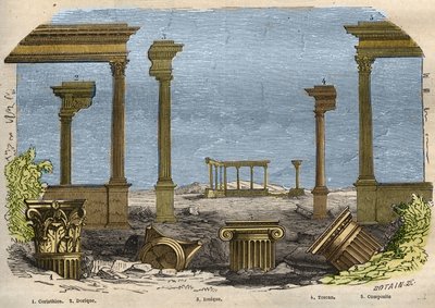 De fem ordenene av klassisk (gammel) arkitektur: korintisk, dorisk, jonisk, toskansk og kompositt, hver representert av en søyle. Gravering fra 1857 i "" Le Musee Des Sciences"" av Unknown artist