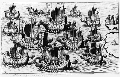 Flåten til Christopher Columbus (Cristoforo Colombo) for å erobre den nye verden - i "New Tipus After the Voyage of the New World" av Philoponus Honorius av Unknown artist