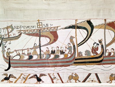 Flåten til Vilhelm I Erobreren (1027 - 1087) på vei til England - Bayeux-teppet, kjent som Broderi av Dronning Mathilde av Unknown artist