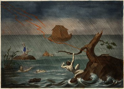 Flommen med Noahs ark i det fjerne. Anonym gravering fra midten av 1800-tallet. av Unknown artist