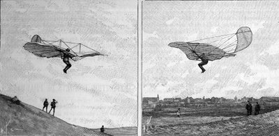 The flying aircraft of Otto Lilienthal (1848-1896), German aeronautics pioneer, in two different positions (from an instant photograph). Engraving in “” La Nature: revue des sciences et de leurs applications aux arts et a l