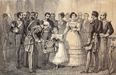 Den fremtidige dronningen av Spania Isabella II (Isabella av Bourbon) (1830-1904) (Isabel II av Espana) dekorerer flagget til spydene til gardegarden av Saint Ferdinands orden (San Fernando). Litografi. av Unknown artist