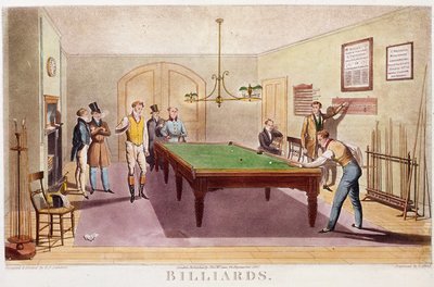 Spillet biljard Gentilmenn fra det høye engelske samfunnet som spiller biljard. Gravering fra 1827. Privat samling av Unknown artist