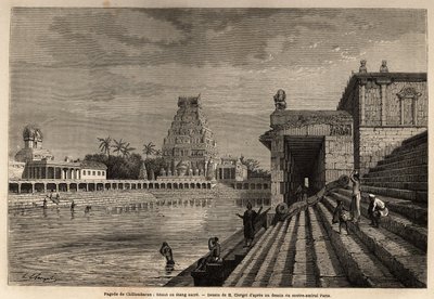 Den ghaut eller hellige dammen til Chillambaran Pagoda, som ligger ved Bengalbukta, nær Pondicherry (Pondicherry) (India); noen fideles går ned den monumentale trappen for å ta et bad eller utføre rensende vask. Gravering for å illustrere en ekspedisjon ti av Unknown artist