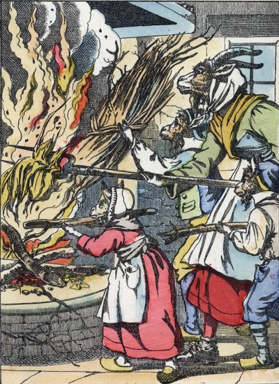 Bukken og pyntegjenstandene satte fyr på skorsteinen. Illustrasjon av fortellingen "Compere le Loup, Maitre Renard, Comere la Chevre et ses petits biquets"" etter en fabel av Jean de la Fontaine. I "" Fortellinger fra hjemmet for de minste"". Anonym graver av Unknown artist
