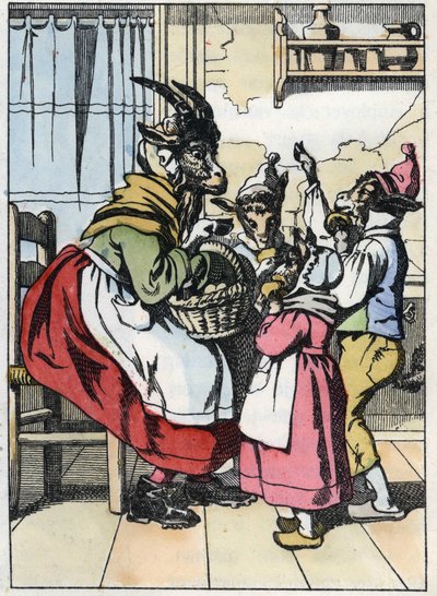 The goat is out of the market, listening to the history of the biquets. Illustration of the tale “Compere le Loup, Maitre Renard, Comere la Chevre et ses petits biquets”” after a fable by Jean de la Fontaine. In “” Tales from the home for the little ones”” av Unknown artist