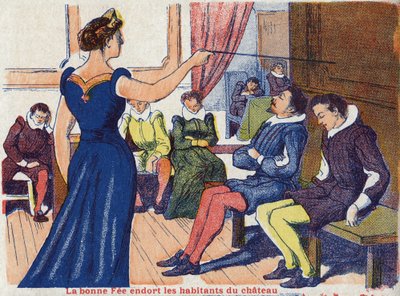 Den gode avgiften sover innbyggerne i slottet. Anonym illustrasjon for "La belle au bois dormant", fortelling av Charles Perrault (1628-1703), fransk forfatter. Bilder Marcel Vagne, Jarville Nancy, udatert (slutten av 1800-tallet). av Unknown artist