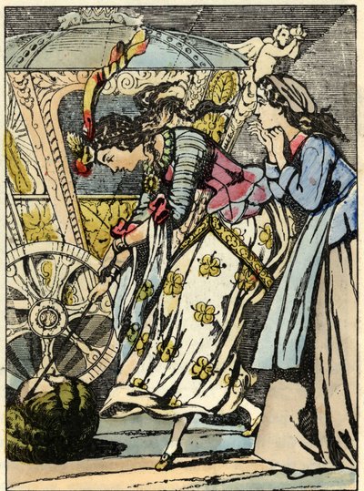 Den gode avgiften gresskaret i en vogn foran Askepotts øyne. Illustrasjon av Charles Perraults fortelling "Askepott eller La petite slipper de verre" av Unknown artist