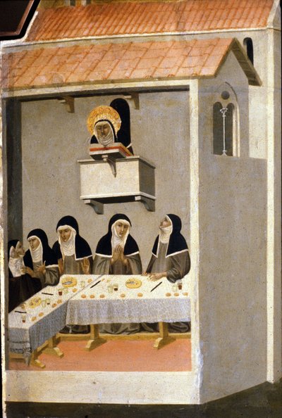De gode søstrene spiser fisk. 1200-tallet. av Unknown artist