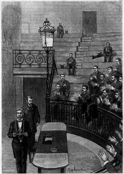 The grand amphiteatrician of the Faculty of Medicine of the Latin Quarter in Paris. Engraving in the journal “” La jeunesse”” av Unknown artist