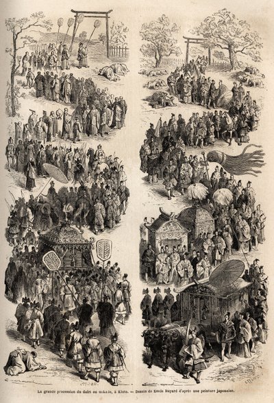 Den store prosesjonen til Mikado (keiseren av Japan), ved dairi, det gamle keiserlige slottet i Heian-kyo (Heian Kyo, dagens Kyoto) fra 794 til 1869. Gravering for å illustrere reisen til Japan i 1863-1864, av Aime Humbert, sveitserens minister av Unknown artist