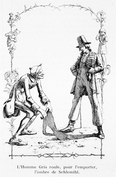 Den grå mannen ruller, for å vinne, skyggen av Schlemihl - i "Den fantastiske historien om Pierre Schlemihl" av Aldebert Von Chamisso av Unknown artist