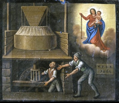 Hånden til en ung arbeider er fanget i en kvernstein. av Unknown artist