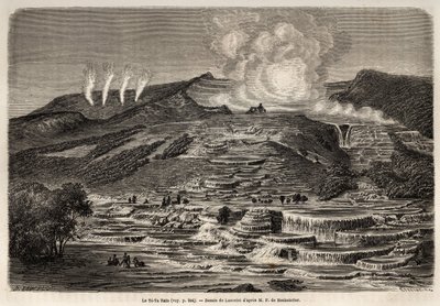 Den varme kilden Te Tarata, omgitt av terrasser overlagret med hvit silika, til venstre fire geysirer og til høyre innsjø og foss, tegnet av Lancelot, for å illustrere Ferdinand de Hochstetters reise til New Zealand fra 1858 til 1860. Engr. av Unknown artist