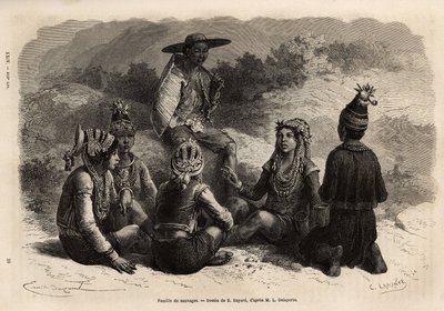 Urbefolkningen i Xieng Hong (Laos), iført tradisjonelle kostymer, over jakken, pynter en fløyelskriste med pynt, med et skjørt eller korte bukser komplett med en liten hette. Gravering for å illustrere utforskningsreisen i Indokina, f av Unknown artist