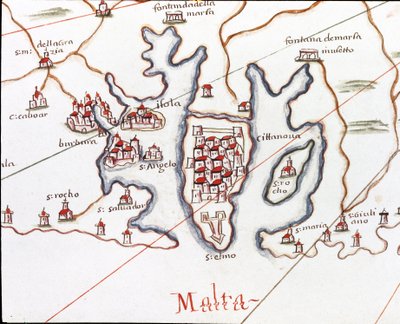 Øya Malta, med Fort St. Elmo (Detalj av Portulan de Castellini av Unknown artist
