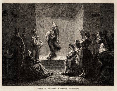 Risten, i en dansende kafé, tegning av Durand Brager, for å illustrere En ekskursjon til de fattige London-nabolagene i 1862, av L.Simonin. Gravering i "" Le tour du monde"", redigert av Edouard Charton av Unknown artist