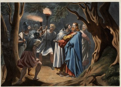 Judas kyss i Oljehagen. Anonym gravering fra midten av 1800-tallet. av Unknown artist