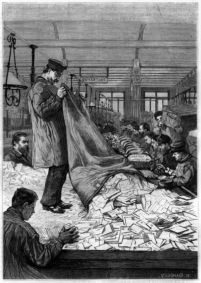 The large tables of letters in the sorting centers of the Hotel des Postes on the Rue du Louvre in Paris. Engraving in the journal “” La jeunesse”” av Unknown artist
