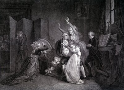 Det siste intervjuet av Louis XVI med familien hans (Marie Antoinette og Louis XVII). Gravering av 1800-tallet. av Unknown artist