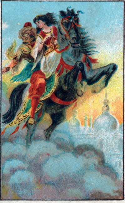 Lekkasjen. Fortelling "" Historien om den fortryllede hesten""" i "" De tusen og en natt""" (de 1001 nettene eller Le mille e una notte, Arabian Nights). Kromolitografi fra slutten av 1800-tallet. av Unknown artist