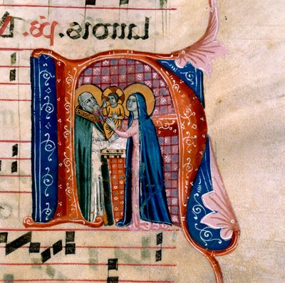 Bokstaven "N" med en skildring av presentasjonen ved tempelet: f.36v av Antifonariet av Unknown artist