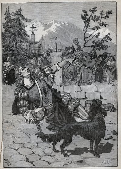 Lindetreet i Fribourg: en soldat fra Helvetic Confederation kom til Fribourg for å kunngjøre Sveits seier mot Karl Temeraire i slaget ved Morat 22. juni 1476 med en lindegren fra slagmarken. Soldaten døde a av Unknown artist
