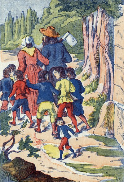 The little poucet sows rocks in his way. Illustration for “” Le Pepetit poucet””, tale by Charles Perrault (1628-1703), French writer. Anonymous illustration. Imagery Marcel Vagne, Jarville Nancy, undated (late 19th century). av Unknown artist