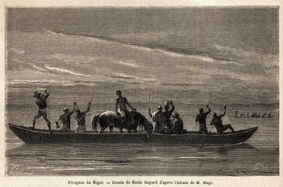 De lange kanoene til Bambaras ved Niger-elven, manøvrert med lange sitteplasser, kan frakte flere mennesker og til og med storfe eller hester. Gravering for å illustrere reisen til Vest-Sudan til løytnant (Marine) M. Mage, i 1863-1866, publisert i "Le tour av Unknown artist