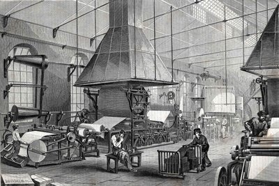 The machinery room of a stationery. Engraving av Unknown artist