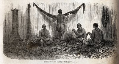 Laging av hengekøyefileter blant Yahua-indianerne i Peru, fra tynne tråder av palme-chambira-lokker. Gravering for å illustrere reisen fra Stillehavet til L