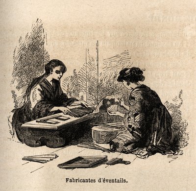 Produksjon av eventtails. Gravering for å illustrere reisen til Japan i 1863-1864, av Aime Humbert, minister for det sveitsiske konføderasjonen, i "Le tour du monde, nouveau journal des voyages", utgitt under ledelse av Edouard Charton av Unknown artist
