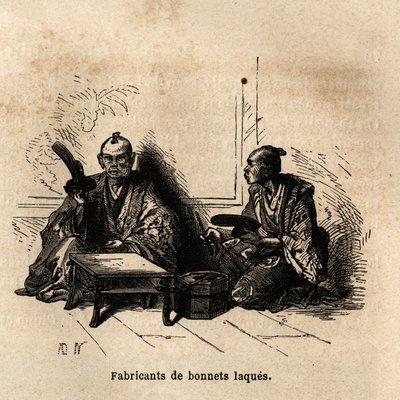 Produsenten av lakkerte kopper. Gravering for å illustrere reisen til Japan i 1863-1864, av Aime Humbert, minister for det sveitsiske konføderasjonen, i "Le tour du monde, nouveau journal des voyages", utgitt under ledelse av Edouard Charton av Unknown artist