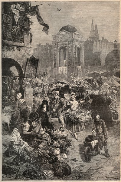 Marsjen og fontenen til de uskyldige, Paris på 1700-tallet - gravering av 1800-tallet av Unknown artist