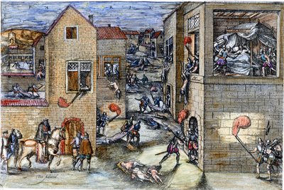 Massakren av Saint Barthelemy (1572).gravering av det 17. århundre. av Unknown artist