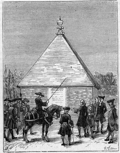 Mål for graden av Ecuador på 1700-tallet: pyramiden i Carabourou, Peru, reist av La Condamine i 1736. Gravering i "" La Nature: revue des sciences et de leurs applications aux arts et a l