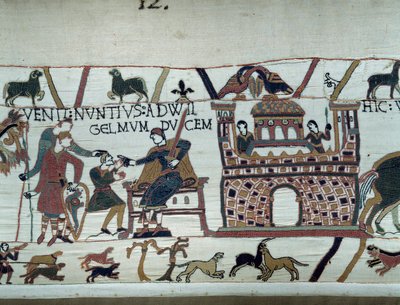 Sendebudene til kongen av Normandie Vilhelm Erobreren (1027-1087) informerte ham om at Harold, som kom fra England på vegne av kong Edvard Bekjenneren av England, ble tatt til fange av grev Guy de Ponthieu. Detail of the Tapestry of Bayeux eller Emb av Unknown artist